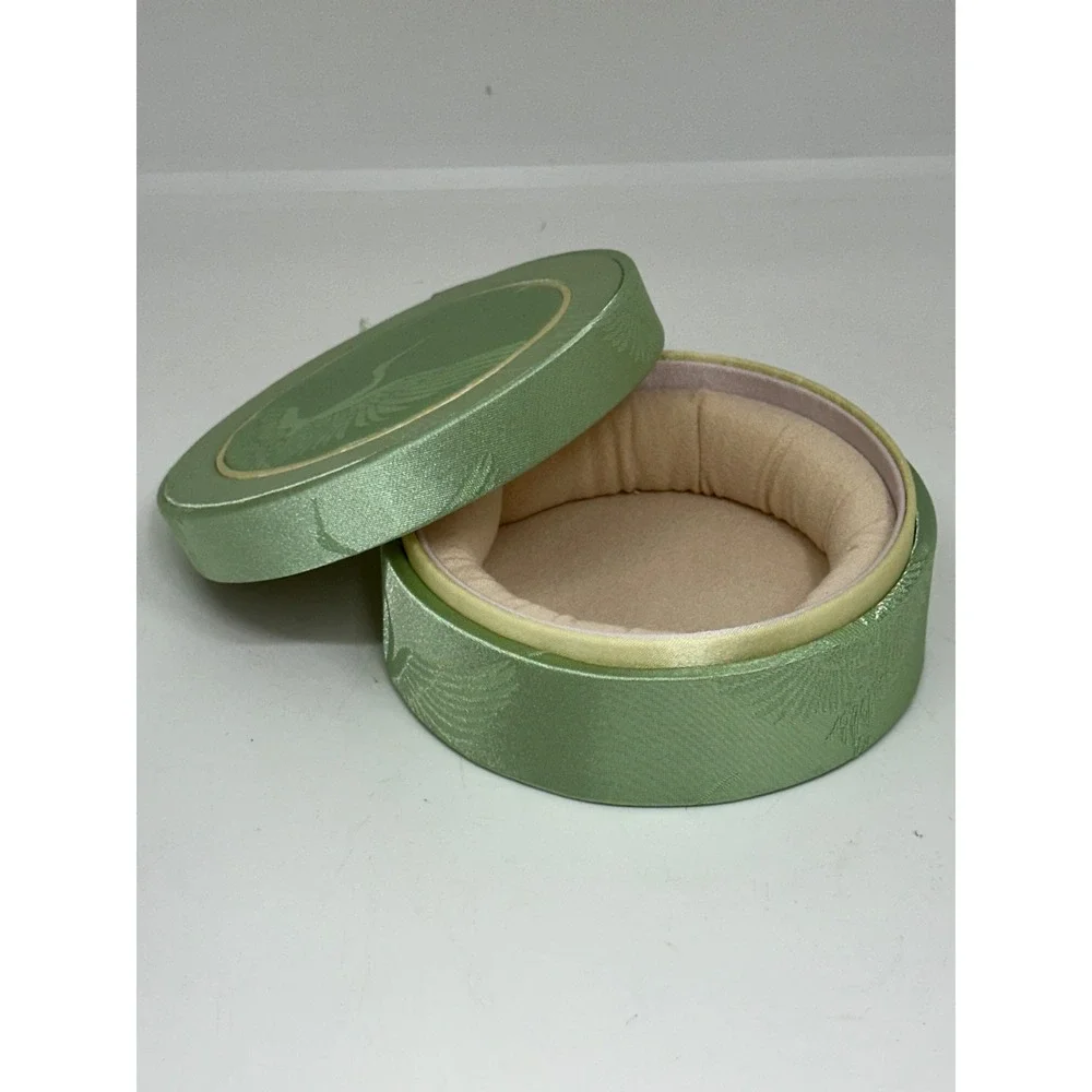 VTG Jewelry Box Green Satin Crane Bird Embroidered Round Padded Storage Case